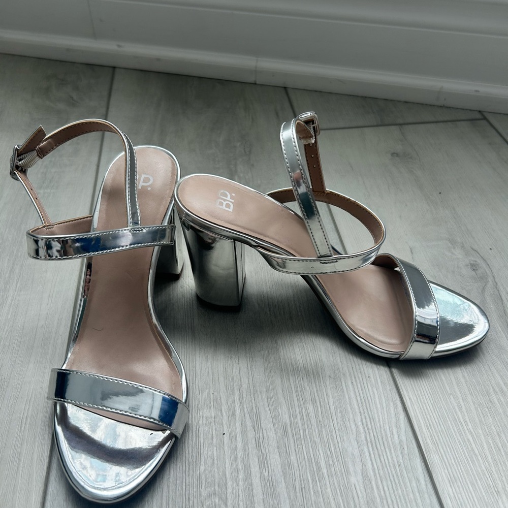 BP Shiny Silver Block Heels
